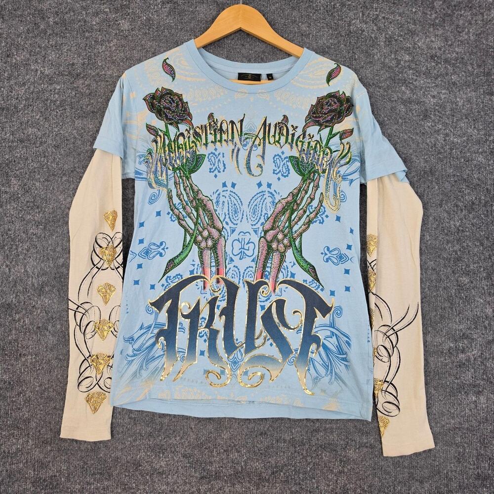 Vtg Christian Audigier Shirt Unisex Small Layered Blue Rhinestone Y2K Street